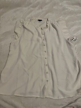 Ann Taylor Ivory Ruffle-Trim Sleeveless Button Front Blouse